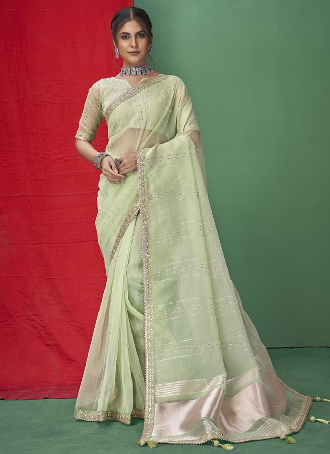 Organza Pista Party Wear Sequins Work Saree